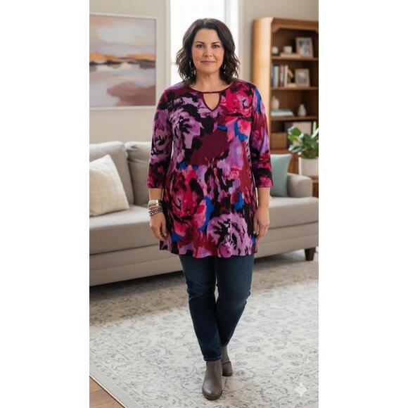 Rebecca Taylor Floral Keyhole Tunic Blouse Stretch Non-Wrinkle Womens Size 1X - Picture 1 of 10